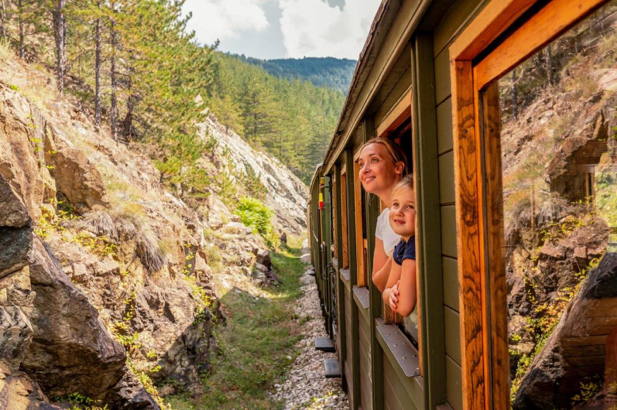 A woman and a child enjoying a scenic train ride through a rocky mountain landscape.