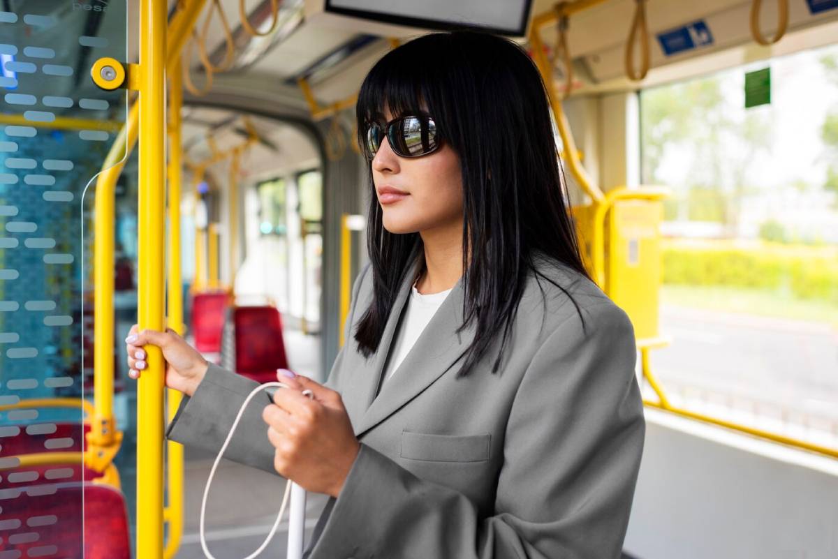 A woman in sunglasses and a grey suit stands on a bus, holding a pole and earphones.